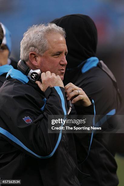 Head coach John Fox of the Carolina Panthers looks on during a game against the New Orleans Saints on November 25, 2007 at the Bank of America...