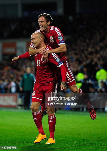 Wales player David Cotterill celebrates his opening goal with Andy King during the EURO 2016 Qualifier match between Wales and Cyprus at Cardiff City...