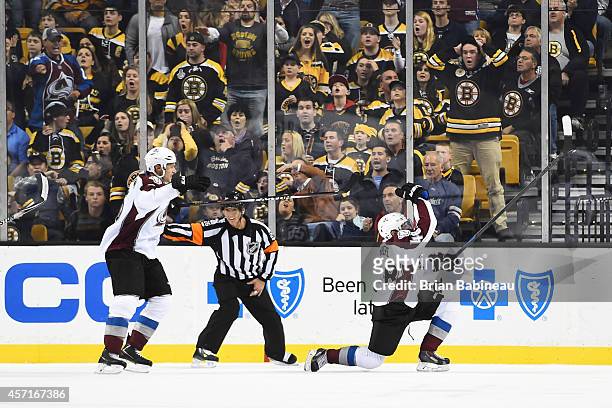 Daniel Briere of the Colorado Avalanche scores a goal at the end of the third period against the Boston Bruins at the TD Garden on October 13, 2014...