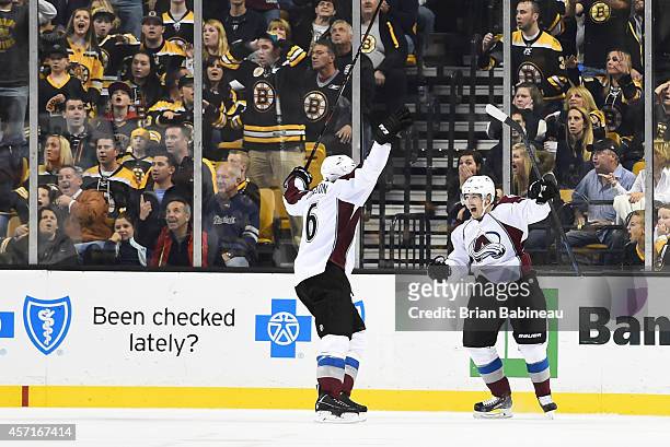 Daniel Briere of the Colorado Avalanche celebrates his goal at the end of the third period against the Boston Bruins at the TD Garden on October 13,...