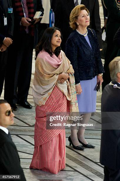 Daughter of the President of India Sharmistha Mukherjee and Queen Sonja of Norway attend a guided tour at the Oslo City Hall during the first day of...