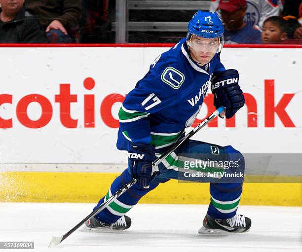 Radim Vrbata of the Vancouver Canucks skates up ice during their NHL game against the Edmonton Oilers at Rogers Arena October 11, 2014 in Vancouver,...