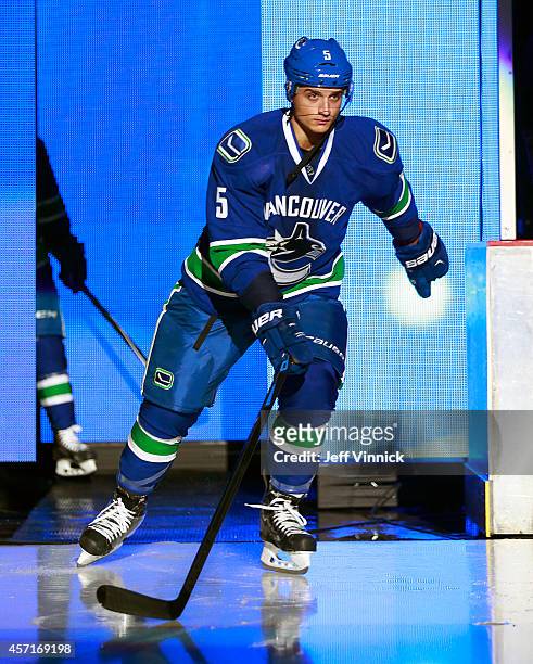 Luca Sbisa of the Vancouver Canucks steps onto the ice during their NHL game against the Edmonton Oilers at Rogers Arena October 11, 2014 in...