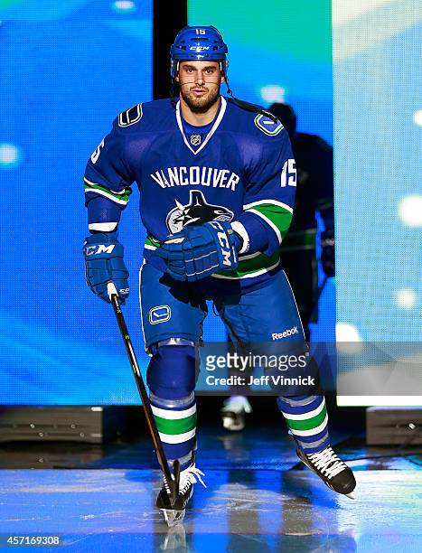 Brad Richardson of the Vancouver Canucks steps onto the ice during their NHL game against the Edmonton Oilers at Rogers Arena October 11, 2014 in...