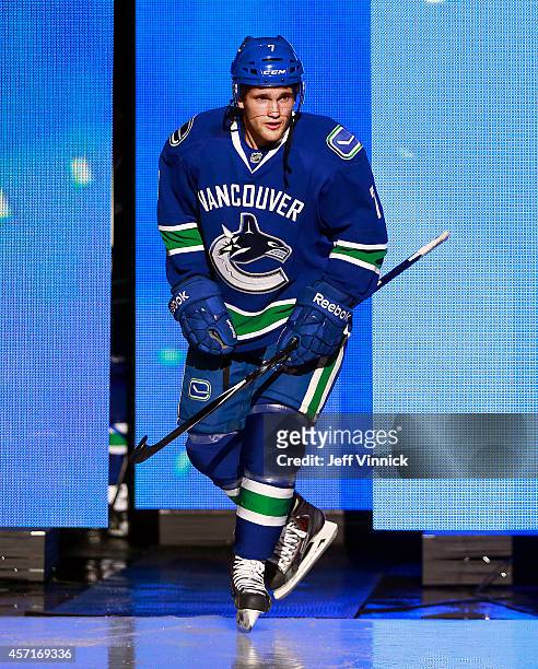 Linden Vey of the Vancouver Canucks steps onto the ice during their NHL game against the Edmonton Oilers at Rogers Arena October 11, 2014 in...