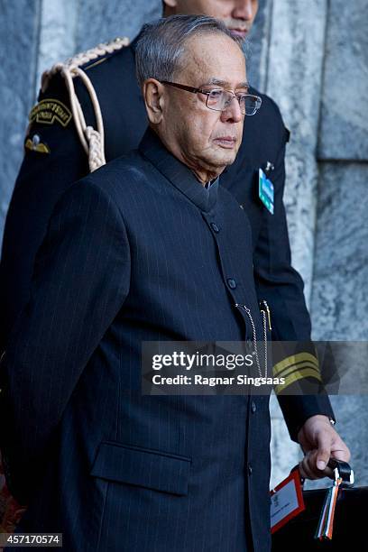 President of India Pranab Mukherjee attends a guided tour at the Oslo City Hall during the first day of the state visit from India on October 13,...