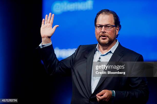 Marc Benioff, chairman and chief executive officer of Salesforce.com Inc., speaks during the DreamForce Conference in San Francisco, California,...