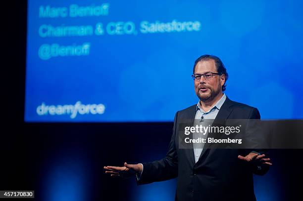 Marc Benioff, chairman and chief executive officer of Salesforce.com Inc., speaks during the DreamForce Conference in San Francisco, California,...