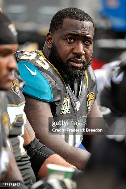 Abry Jones of the Jacksonville Jaguars watches from the sideline during a game against the Tennessee Titans at LP Field on October 12, 2014 in...