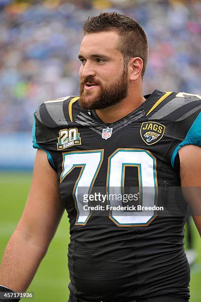 Luke Bowanko of the Jacksonville Jaguars watches from the sideline during a game against the Tennessee Titans at LP Field on October 12, 2014 in...
