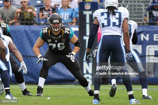 Luke Joeckel of the Jacksonville Jaguars plays against the Tennessee Titans at LP Field on October 12, 2014 in Nashville, Tennessee.