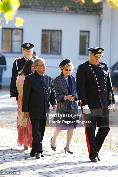President of India Pranab Mukherjee, Queen Sonja of Norway and King Harald V of Norway attend a wreath laying ceremony at the National Monument at...
