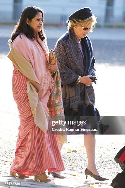 Daughter of the President of India Sharmistha Mukherjee and Queen Sonja of Norway attend a wreath laying ceremony at the National Monument at...