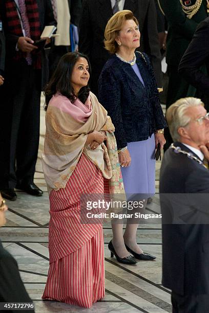 Daughter of the President of India Sharmistha Mukherjee and Queen Sonja of Norway attend a guided tour at the Oslo City Hall during the first day of...