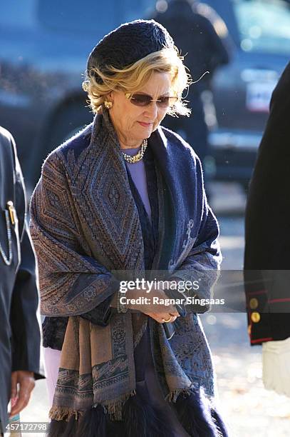 Queen Sonja of Norway attends a wreath laying ceremony at the National Monument at Akershus Fortress during the first day of the state visit from...