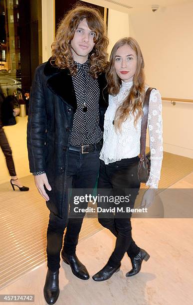 Maxime Sokolinski and Anouska Beckwith attend the launch party for Phillips European Headquarters at 30 Berkeley Square on October 13, 2014 in...