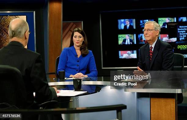 Minority Leader U.S. Sen. Mitch McConnell and Kentucky Secretary of State Alison Lundergan Grimes rehearse with host Bill Goodman before their debate...