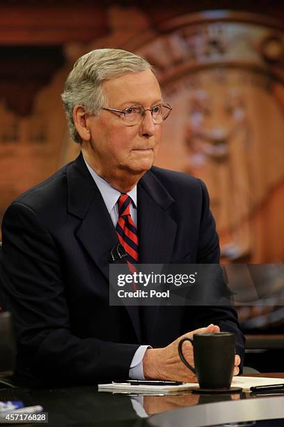 Minority Leader U.S. Sen. Mitch McConnell prepares for his debate with Kentucky Secretary of State Alison Lundergan Grimes on "Kentucky Tonight" at...