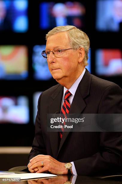 Minority Leader U.S. Sen. Mitch McConnell prepares for his debate with Kentucky Secretary of State Alison Lundergan Grimes on "Kentucky Tonight" at...