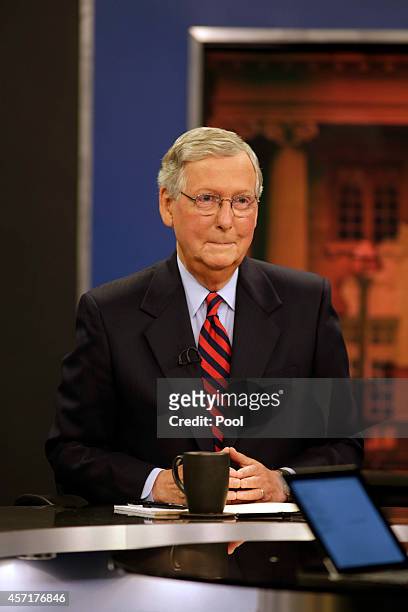 Minority Leader U.S. Sen. Mitch McConnell prepares for his debate with Kentucky Secretary of State Alison Lundergan Grimes on "Kentucky Tonight" at...