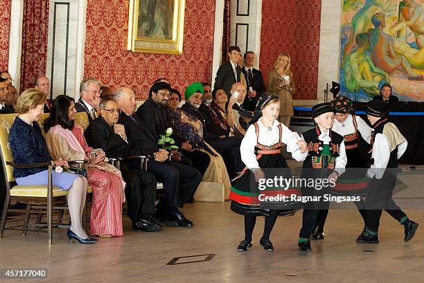 Queen Sonja of Norway, daughter of the President of India Sharmistha Mukherjee, President of India Pranab Mukherjee and King Harald V of Norway...