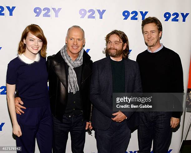 Cast members of "Birdman," Emma Stone, Michael Keaton, Zach Galifianakis and Edward Norton attend the 92nd Street Y Film Series: "Birdman, Or The...