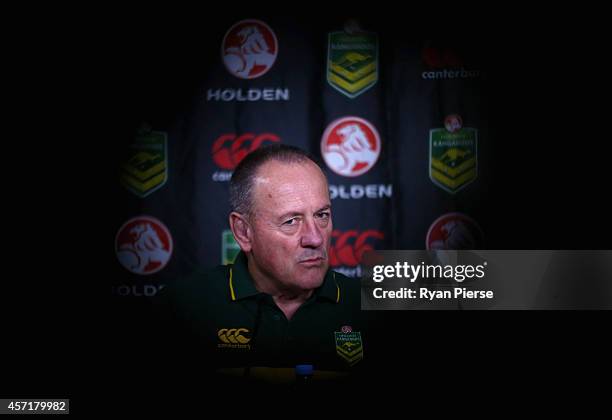 Tim Sheens, coach of Australia, speaks to the media during the Australian Four Nations squad announcement at Rugby League Central on October 14, 2014...