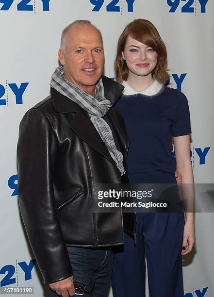 Actors Michael Keaton and Emma Stone attend "Birdman, Or The Unexpected Virtue Of Ignorance" at the 92nd Street Y on October 13, 2014 in New York...