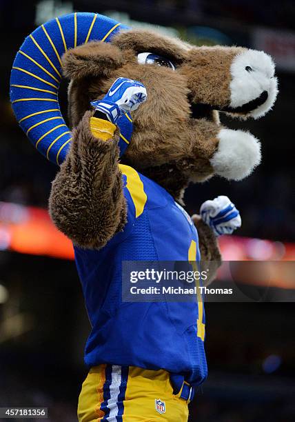 Mascot Rampage of the St. Louis Rams looks on as they play against the San Francisco 49ers at Edward Jones Dome on October 13, 2014 in St Louis,...