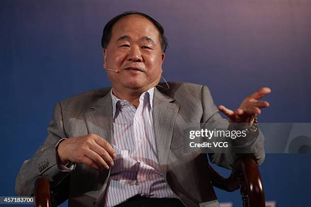 BEIJING, CHINA - MAY 15: (CHINA OUT) (L - R) Literature Nobel laureate Mo Yan attends television show "VOICE" with the theme of "Dialogue between Literature and Science" on May 15, 2013 in Beijing, China. (Photo by Visual China Group via Getty Images/Visual China Group via Getty Images) beijing china china out l r