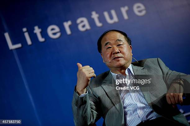 BEIJING, CHINA - MAY 15: (CHINA OUT) (L - R) Literature Nobel laureate Mo Yan attends television show "VOICE" with the theme of "Dialogue between Literature and Science" on May 15, 2013 in Beijing, China. (Photo by Visual China Group via Getty Images/Visual China Group via Getty Images) beijing china china out l r