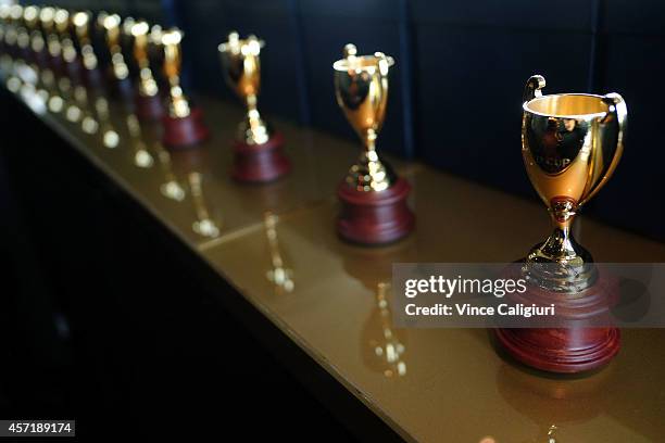 General view of miniature 2014 Caulfield Cup trophies during the Caulfield Cup barrier draw at Club 23 Crown Towers on October 14, 2014 in Melbourne,...