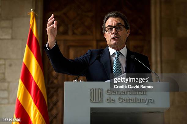 President of Catalonia Artur Mas faces the media during a press conference at Palau de La Generalitat on October 14, 2014 in Barcelona, Spain. Artur...