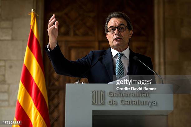 President of Catalonia Artur Mas faces the media during a press conference at Palau de La Generalitat on October 14, 2014 in Barcelona, Spain. Artur...