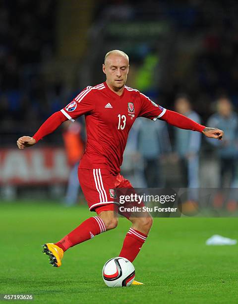 Wales player David Cotterill in action during the EURO 2016 Qualifier match between Wales and Cyprus at Cardiff City Stadium on October 13, 2014 in...