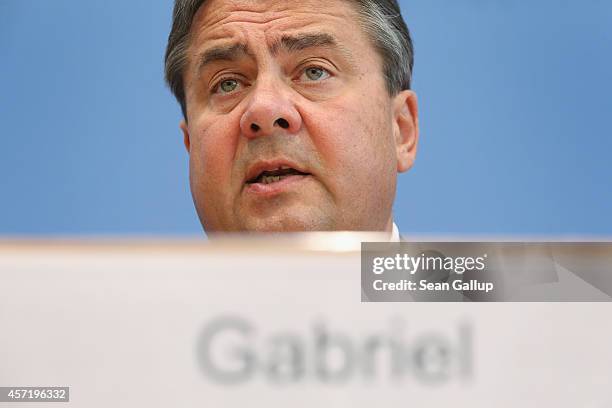 German Vice Chancellor and Economy and Energy Minister Sigmar Gabriel presents the German government's revised economic outlook on October 14, 2014...