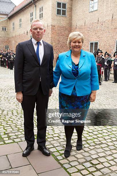 Prime Minister of Norway Erna Solberg attends a luncheon at Akershus Fortress with her husband Sindre Finnes during day two of the state visit from...