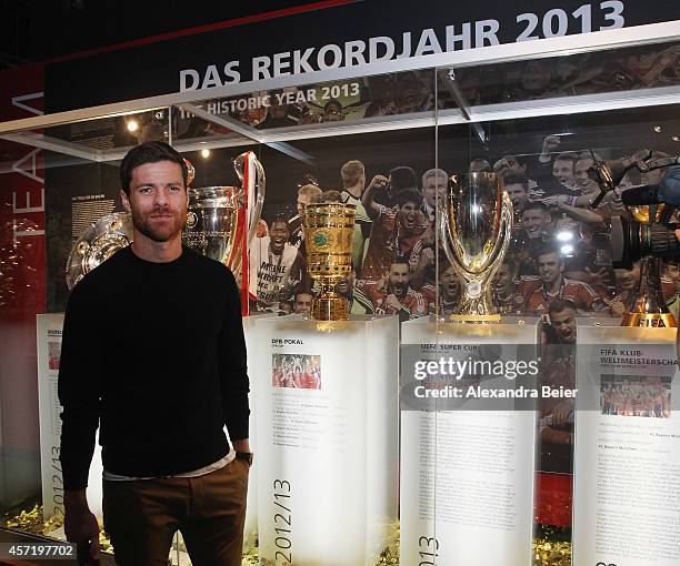 Bayern Muenchen player Xabi Alonso visits the FC Bayern Erlebniswelt museum at Allianz Arena on October 14, 2014 in Munich, Germany.