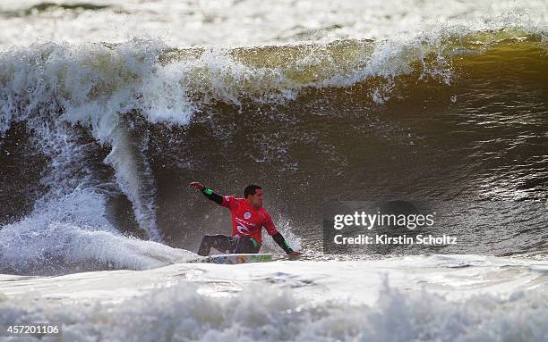 Adriano De Souza of Brazil surfs to victory during Round 1 of the Moche Rip Curl Pro Portugal on October 14, 2014 in Peniche, Portugal.