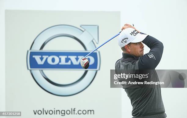 Henrik Stenson of Sweden in action during the Pro Am prior to the start of the Volvo World Match Play Championship at The London Club on October 14,...