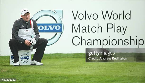Jamie Donaldson of Wales in action during the Pro Am prior to the start of the Volvo World Match Play Championship at The London Club on October 14,...