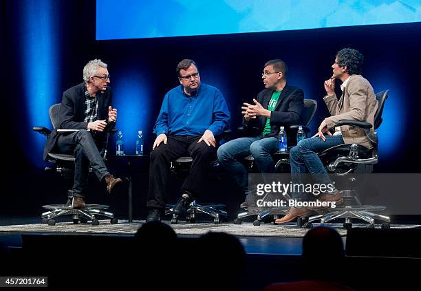 Author David Kirkpatrick, from left, moderates a panel discussion with Reid Hoffman, chairman and co-founder of LinkedIn Corp., Max Levchin,...