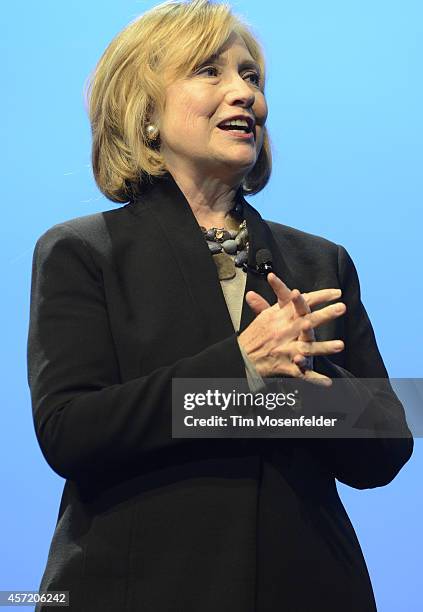 Hillary Rodham Clinton delivers a keynote speech at Salesforce.com's Dreamforce 2014 Conference at Moscone South on October 14, 2014 in San...