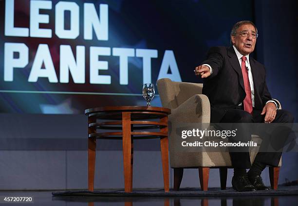 Former Secretary of Defense and director of the Central Intelligence Agency Leon Panetta discuss his new book, 'Worthy Fights,' during an event in...