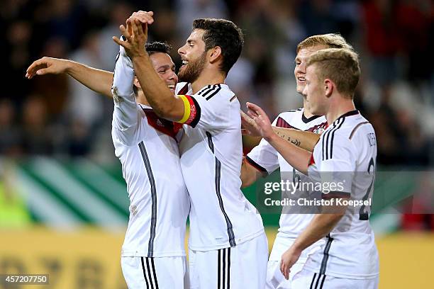 Leonardo Bittencourt of Germany celebrates the second goal with Kevin Volland, Johannes Geis and Max Meyer during the UEFA U21 Championship Playoff...