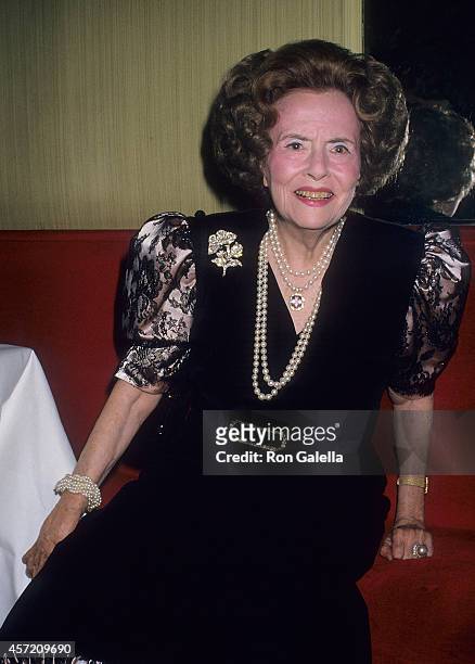 Activist Mary Lasker attends her annual Christmas party on December 4, 1987 at La Grenouille Restaurant in New York City.