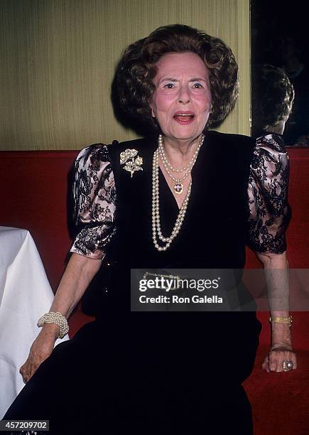 Activist Mary Lasker attends her annual Christmas party on December 4, 1987 at La Grenouille Restaurant in New York City.