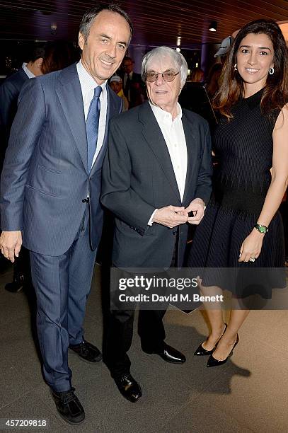 Nerio Alessandri, Bernie Ecclestone and Fabiana Flosi attend Technogym & McLaren Celebrate 10 Years of Partnership at the McLaren Showroom on October...