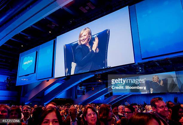 Hillary Clinton, former U.S. Secretary of state, is seen on a screen while speaking the DreamForce Conference in San Francisco, California, U.S., on...