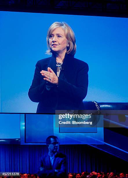 Hillary Clinton, former U.S. Secretary of state, is seen on a screen while speaking the DreamForce Conference in San Francisco, California, U.S., on...